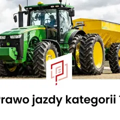 Zielony traktor z żółtym rozsiewaczem, gotowy do pracy na polu. Posiadanie prawa jazdy kat T otwiera drogę do prowadzenia takich maszyn.