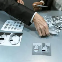 Dłoń policjanta przegląda dowody: odciski palców, zdjęcia twarzy i kastet. Czy to trop prowadzący do recydywisty?