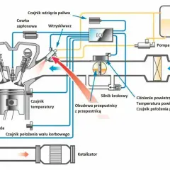 Schemat układu wtrysku paliwa MPI: tłok, zawory, wtryskiwacz, cewka zapłonowa, ECU, czujniki (temperatury, wału korbowego, TPS, MAP, Lambda), przepustnica, katalizator.