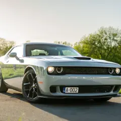 Srebrny Dodge Challenger 5.7 Hemi z czarnymi felgami na tle zielonej łąki i drzew.