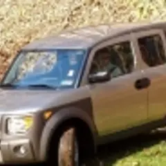 Srebrny Honda Element z brązowymi elementami, zaparkowany na trawie przy zboczu pokrytym liśćmi.