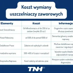 Tabela przedstawia koszt wymiany uszczelniaczy zaworowych, uwzględniając ceny części, robocizny i dodatkowych prac.
