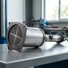 Nowy katalizator samochodowy, element układu wydechowego, leży na stole w warsztacie.