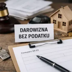 Formularz SD-Z2 do zgłoszenia darowizny do US. Młotek sędziowski, klucze do domu, model domu i samochodu sugerują transakcję.