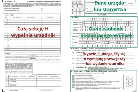 Wniosek o wydanie prawa jazdy online. Dane urzędu lub starostwa, dane osobowe składającego wniosek, wypełnia urzędnik lub ubiegający się o wymianę prawa jazdy.