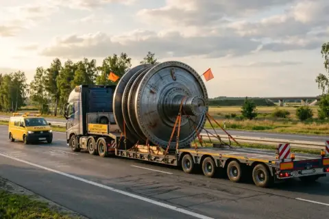 Ciężarówka z ogromnym elementem turbiny, transportowany jako pojazd nienormatywny, eskortowana przez żółtego vana z napisem "PILOT".
