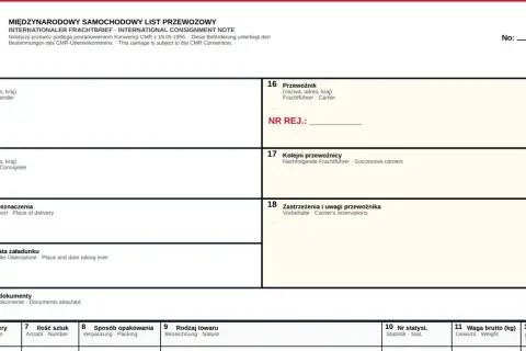 Międzynarodowy list przewozowy CMR to dokument regulujący międzynarodowy transport drogowy. Na zdjęciu formularz CMR z polami do wypełnienia danych nadawcy, odbiorcy, przewoźnika i towaru.