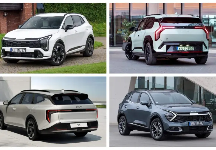 Cztery różne modele Kia: biały SUV z przodu, jasnoszary SUV z tyłu, srebrne kombi z tyłu i szary SUV z przodu.