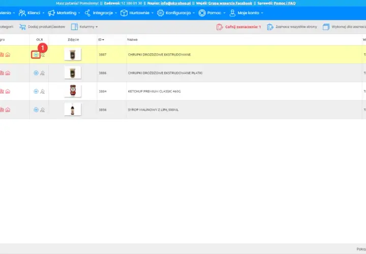 Panel administracyjny sklepu, gdzie można sprawdzić, ile kosztuje wystawienie samochodu na OLX. Widoczne produkty i ich statusy.