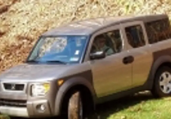 Srebrny Honda Element z brązowymi elementami, zaparkowany na trawie przy zboczu pokrytym liśćmi.