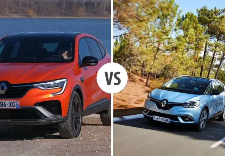 Pomarańczowy Renault Arkana vs. błękitny Scenic. Porównanie modeli, które mogą pomóc w wyborze, gdy liczą się renault arkana wymiary.