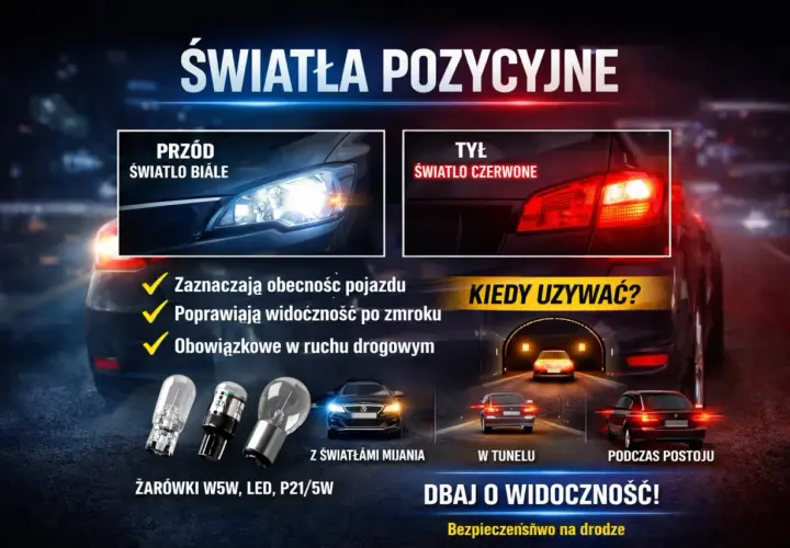 Światła postojowe: białe z przodu, czerwone z tyłu. Zwiększają widoczność i bezpieczeństwo na drodze, szczególnie po zmroku i w tunelu.