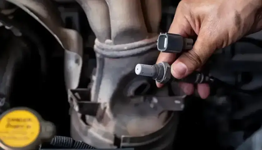 Ręka trzyma sondę lambda, potencjalnie powiązaną z błędem DTC P0420 w Audi.