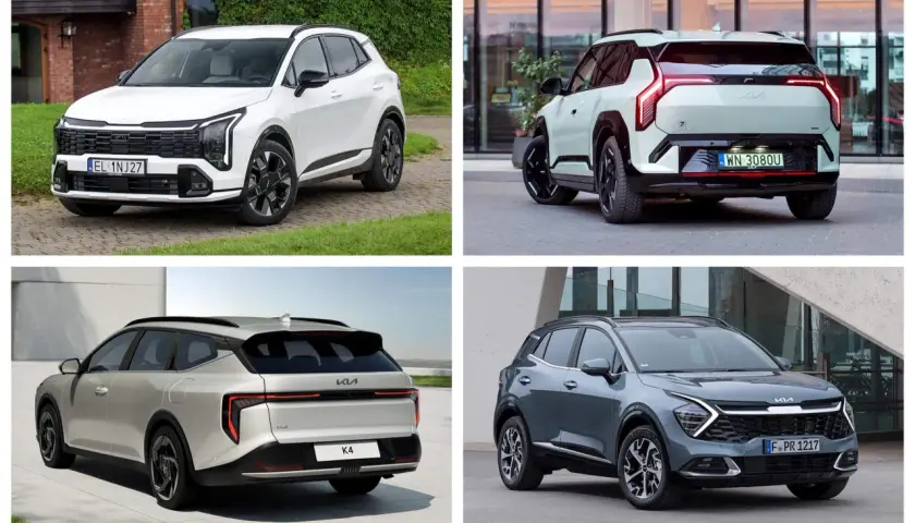 Cztery różne modele Kia: biały SUV z przodu, jasnoszary SUV z tyłu, srebrne kombi z tyłu i szary SUV z przodu.
