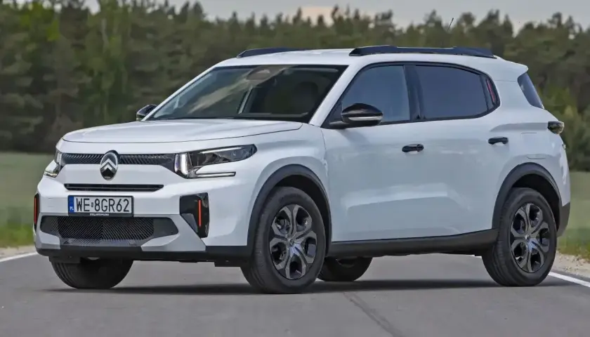 Biały mini suv z czarnymi relingami dachowymi i przyciemnianymi szybami na tle lasu.