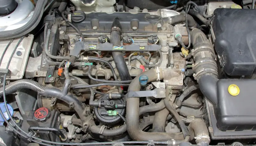 Silnik Peugeot Expert 2.0 HDI, widok z góry. Widać przewody, wtryskiwacze i elementy układu dolotowego.