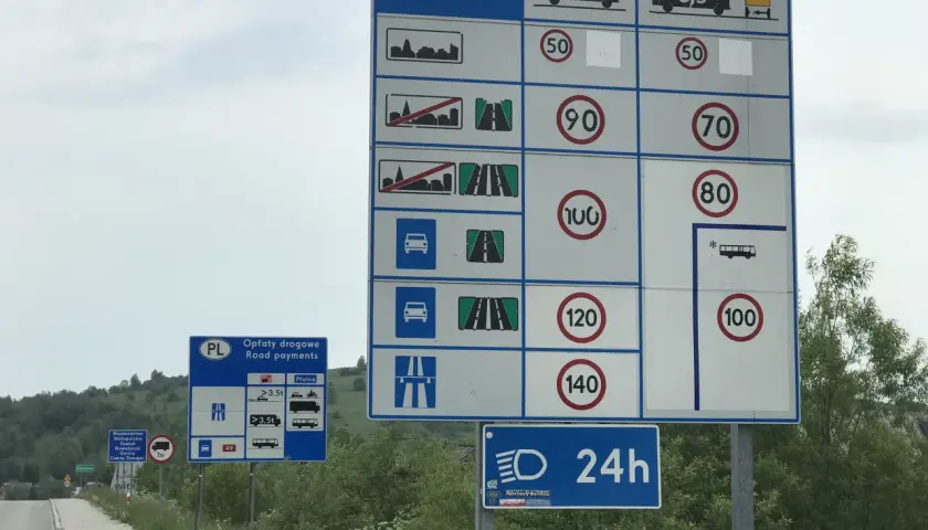 Znaki drogowe w Polsce informujące o opłatach, ograniczeniach prędkości i teren zabudowany.