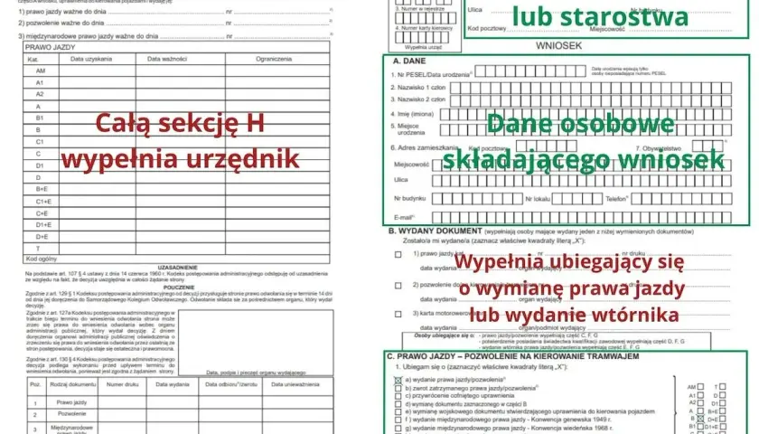 Formularz wniosku o wydanie prawa jazdy lub pozwolenia. Sekcja H "Całą sekcję H wypełnia urzędnik", a dane osobowe składającego wniosek wypełnia się samemu. To jest pkk co to za dokument?