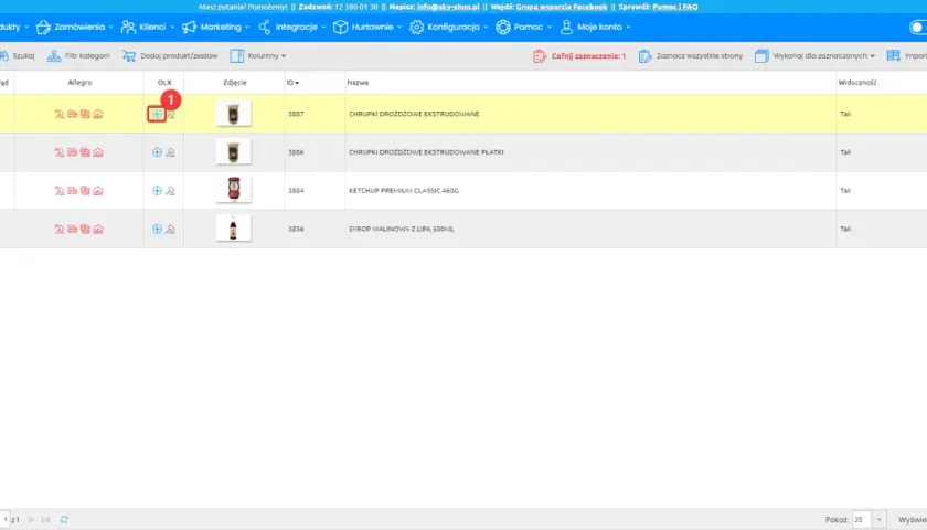 Panel administracyjny sklepu, gdzie można sprawdzić, ile kosztuje wystawienie samochodu na OLX. Widoczne produkty i ich statusy.