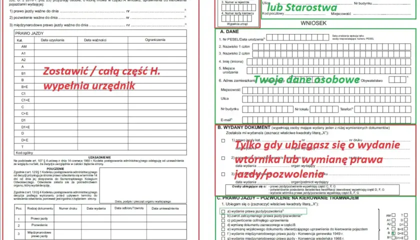 Wniosek o wydanie prawa jazdy, jego wtórnika lub wymianę. Wypełnij swoje dane osobowe i zaznacz cel wniosku.