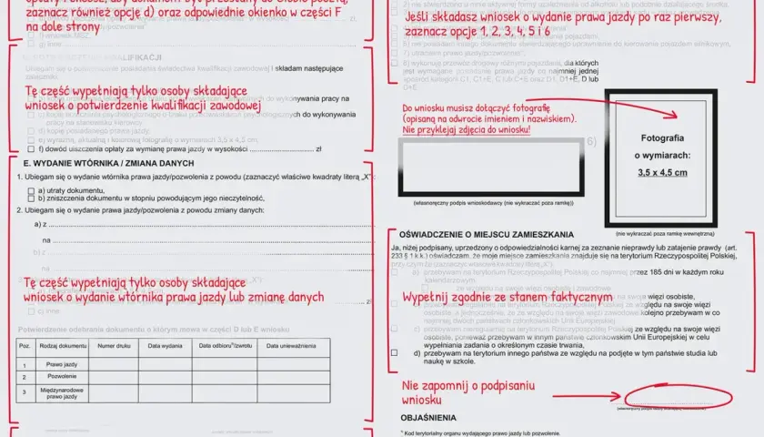 Formularz wniosku o wydanie prawa jazdy, z miejscem na zdjęcie 3,5x4,5 cm.