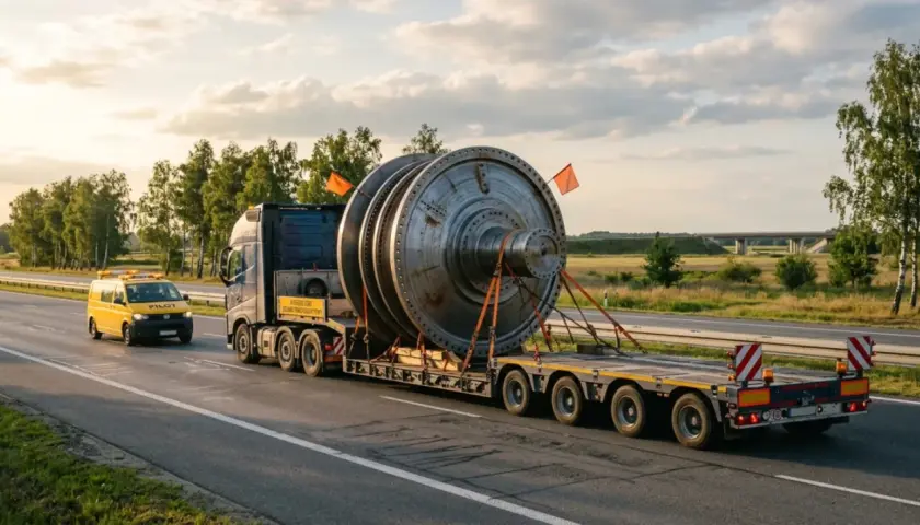 Ciężarówka z ogromnym elementem turbiny, transportowany jako pojazd nienormatywny, eskortowana przez żółtego vana z napisem "PILOT".