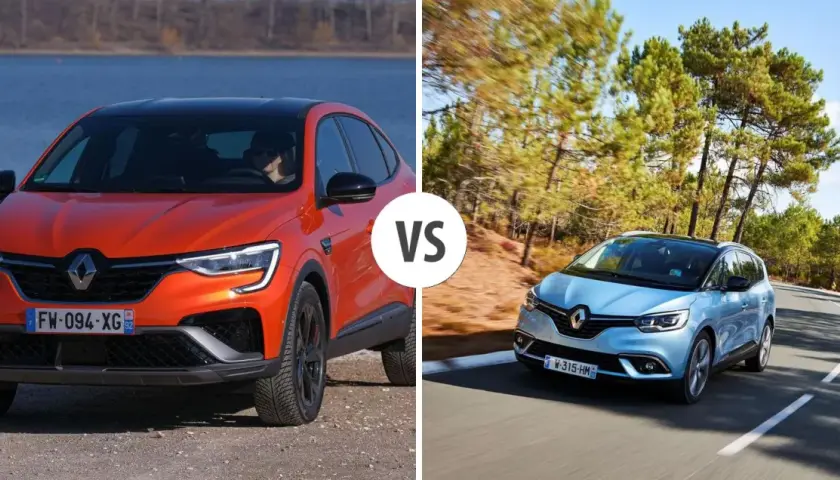 Pomarańczowy Renault Arkana vs. błękitny Scenic. Porównanie modeli, które mogą pomóc w wyborze, gdy liczą się renault arkana wymiary.