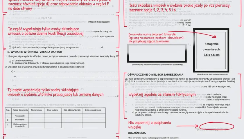 Formularz wniosku o wydanie prawa jazdy, z zaznaczonym polem na fotografię 3,5 x 4,5 cm.