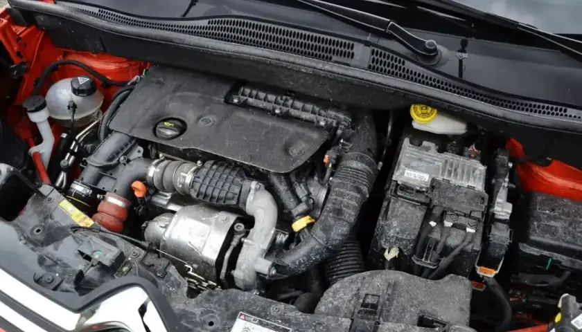 Silnik 1.6 HDI w samochodzie, widoczne elementy układu dolotowego, turbosprężarki i skrzynki bezpieczników.
