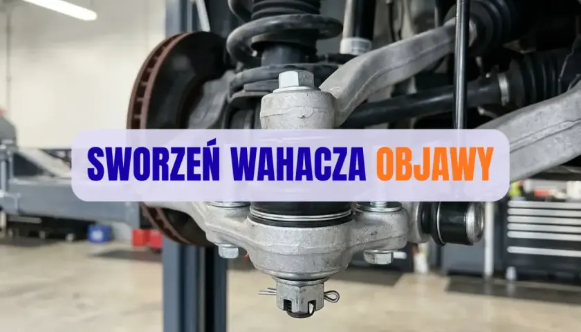 Widok na element zawieszenia samochodu, gdzie widoczny jest sworzeń wahacza. Objawy jego zużycia mogą być niepokojące.