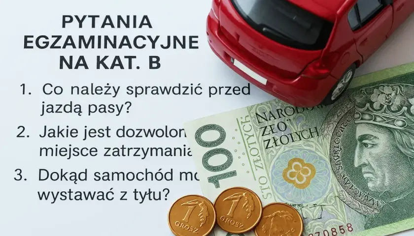 Pytania egzaminacyjne na kat. B, czerwony samochodzik, banknot 100 zł i grosze.