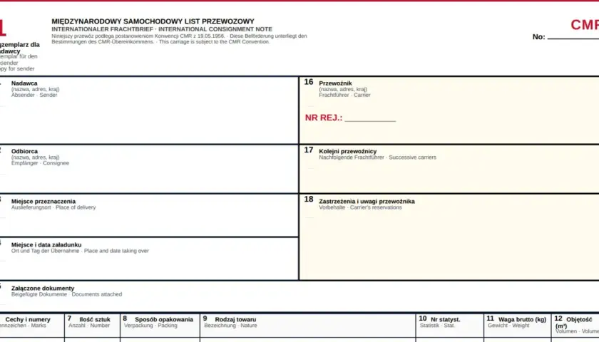 Międzynarodowy list przewozowy CMR to dokument regulujący międzynarodowy transport drogowy. Na zdjęciu formularz CMR z polami do wypełnienia danych nadawcy, odbiorcy, przewoźnika i towaru.