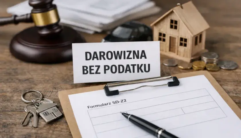 Formularz SD-Z2 do zgłoszenia darowizny do US. Młotek sędziowski, klucze do domu, model domu i samochodu sugerują transakcję.