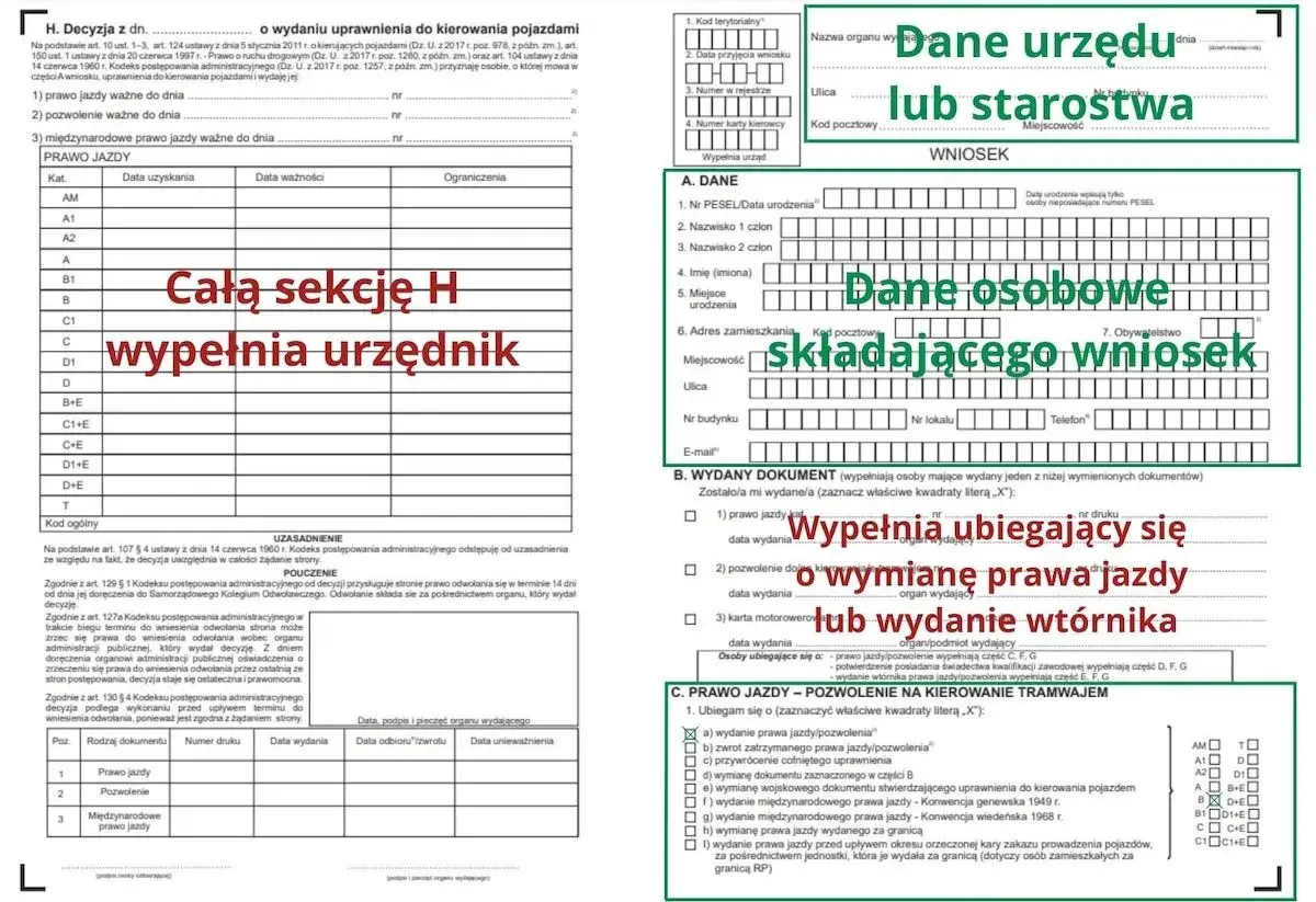 Wniosek o wydanie prawa jazdy online. Dane urzędu lub starostwa, dane osobowe składającego wniosek, wypełnia urzędnik lub ubiegający się o wymianę prawa jazdy.