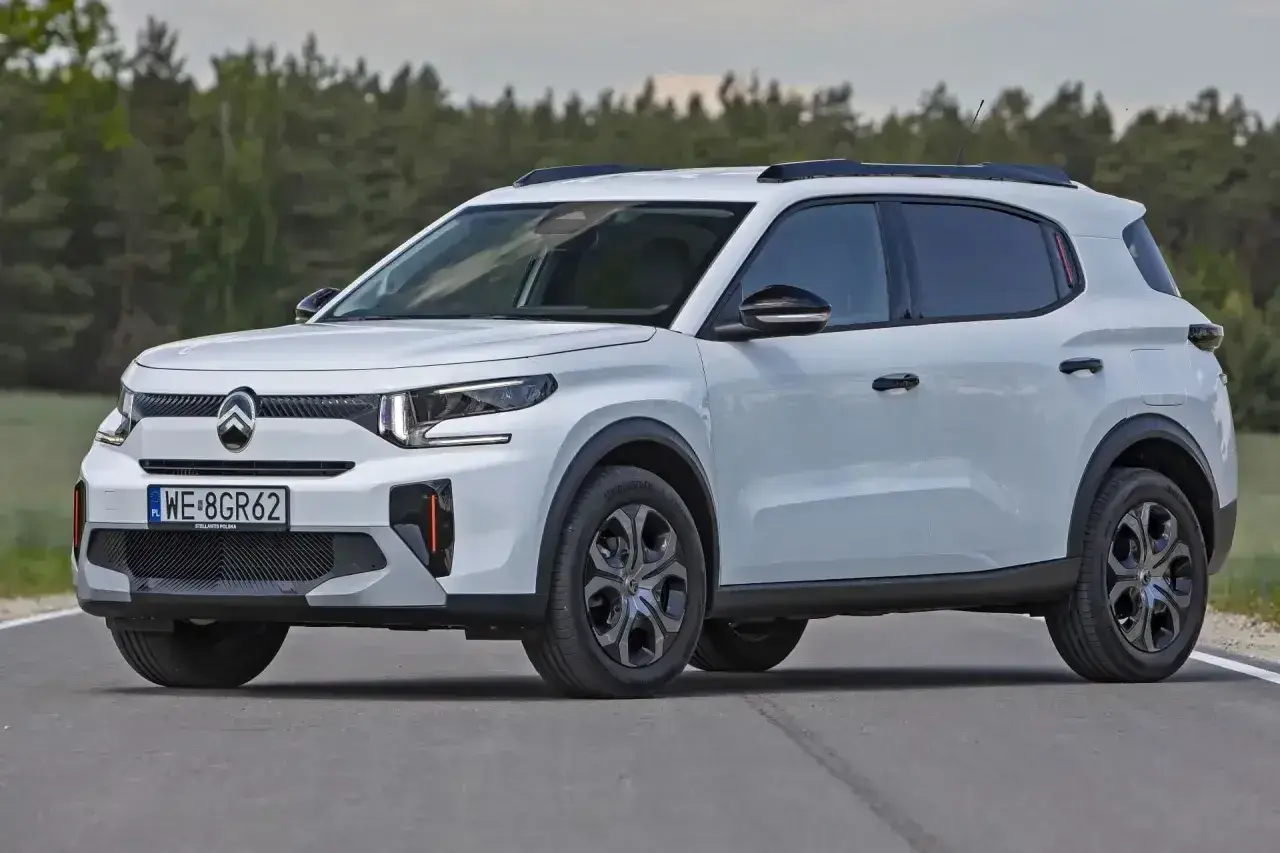 Biały mini suv z czarnymi relingami dachowymi i przyciemnianymi szybami na tle lasu.