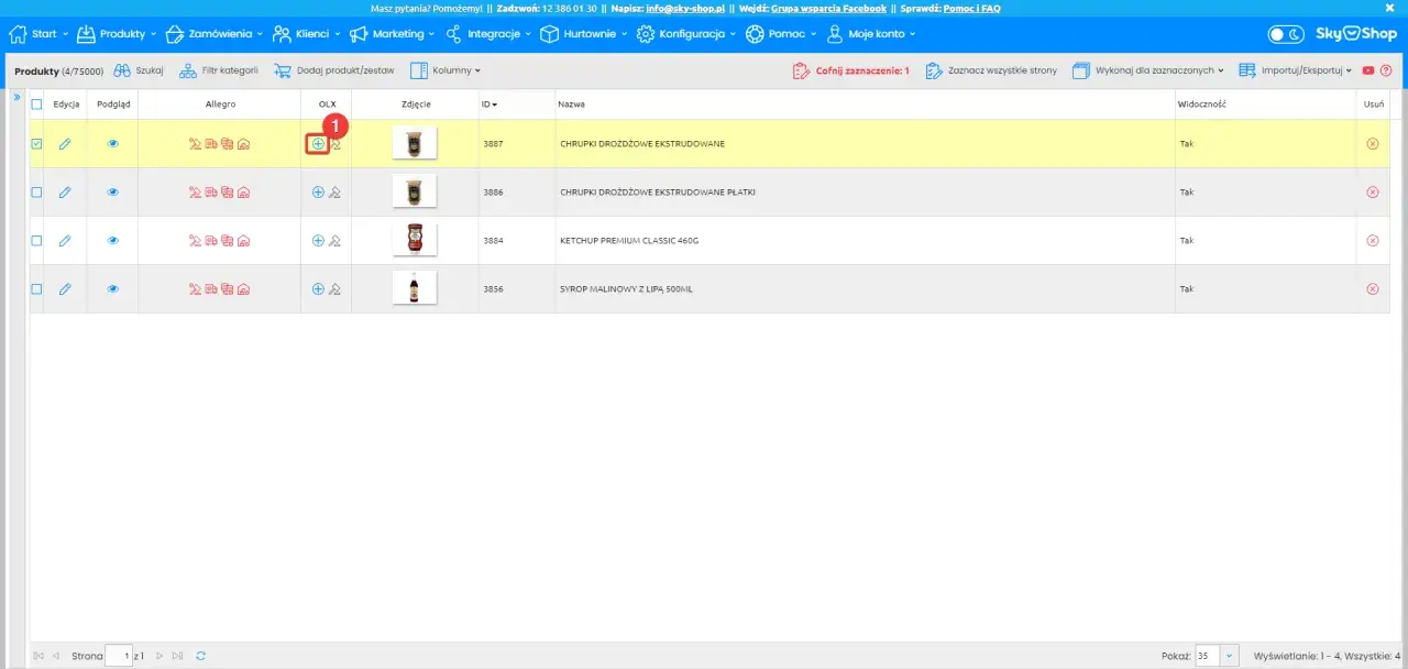 Panel administracyjny sklepu, gdzie można sprawdzić, ile kosztuje wystawienie samochodu na OLX. Widoczne produkty i ich statusy.