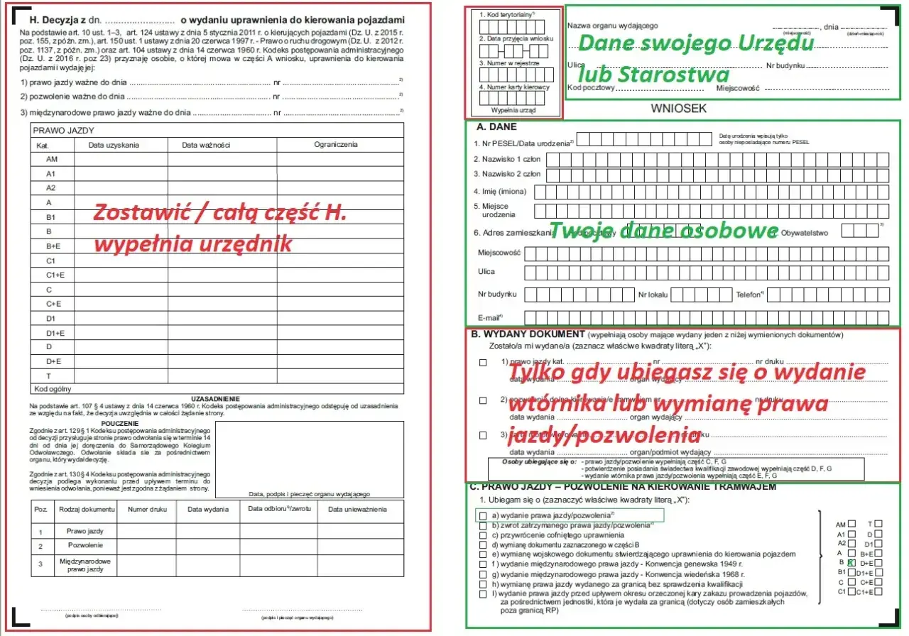 Wniosek o wydanie prawa jazdy, jego wtórnika lub wymianę. Wypełnij swoje dane osobowe i zaznacz cel wniosku.