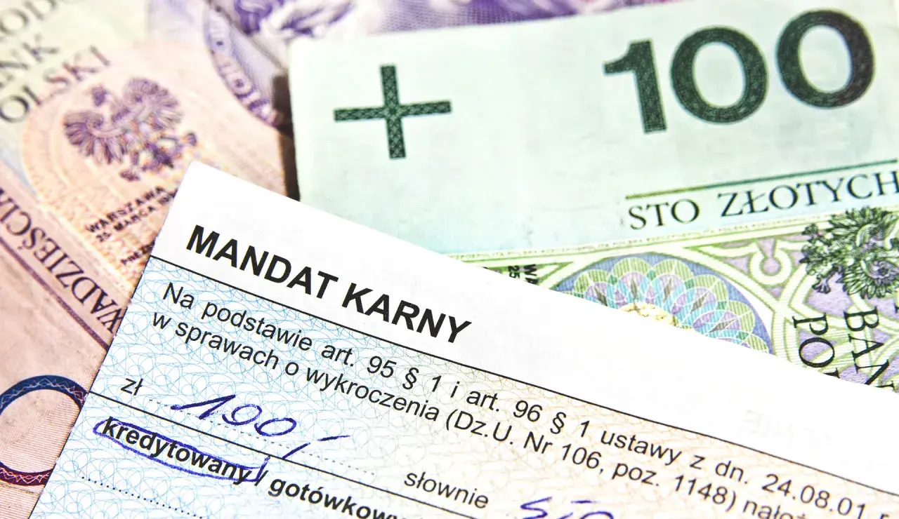 Mandat karny z kwotą 100 zł na tle polskich banknotów.