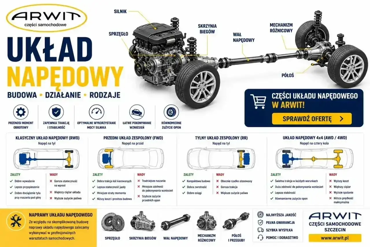 Schemat układu napędowego: silnik, skrzynia biegów, wał napędowy, dyfer, półosie. Różne typy napędu: RWD, FWD, RR, 4x4.