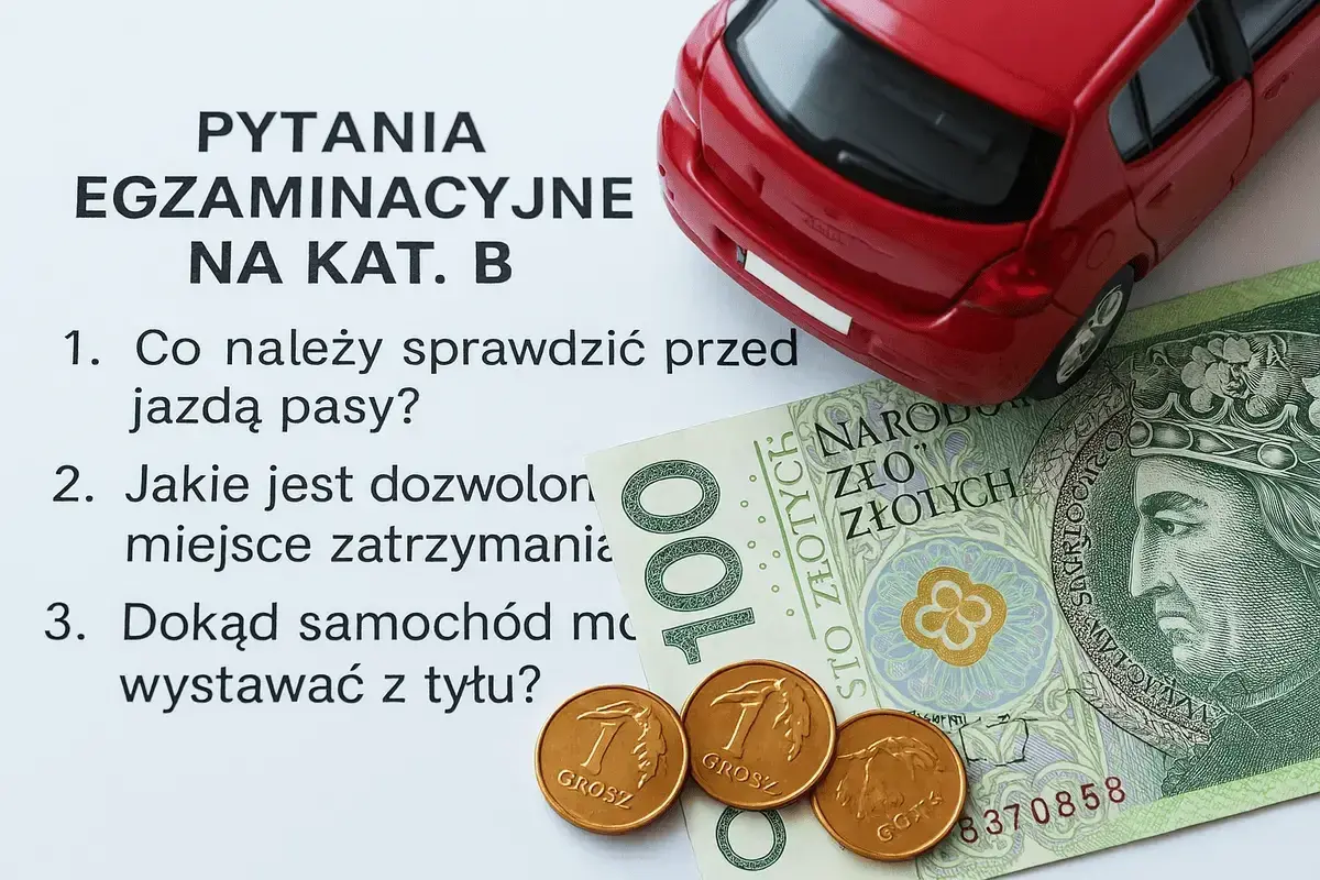 Pytania egzaminacyjne na kat. B, czerwony samochodzik, banknot 100 zł i grosze.