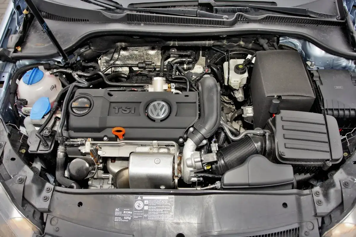 Silnik 1.4 TSI w samochodzie Volkswagen. Widoczny jest czarny kolektor z logo TSI i VW, turbosprężarka oraz elementy układu dolotowego i chłodzenia.