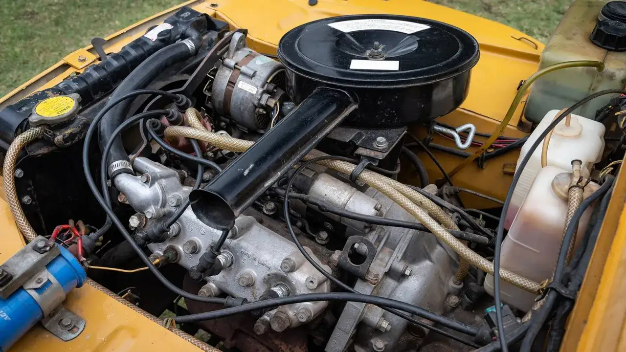 Silnik kei car z widocznym alternatorem, filtrem powietrza i przewodami.