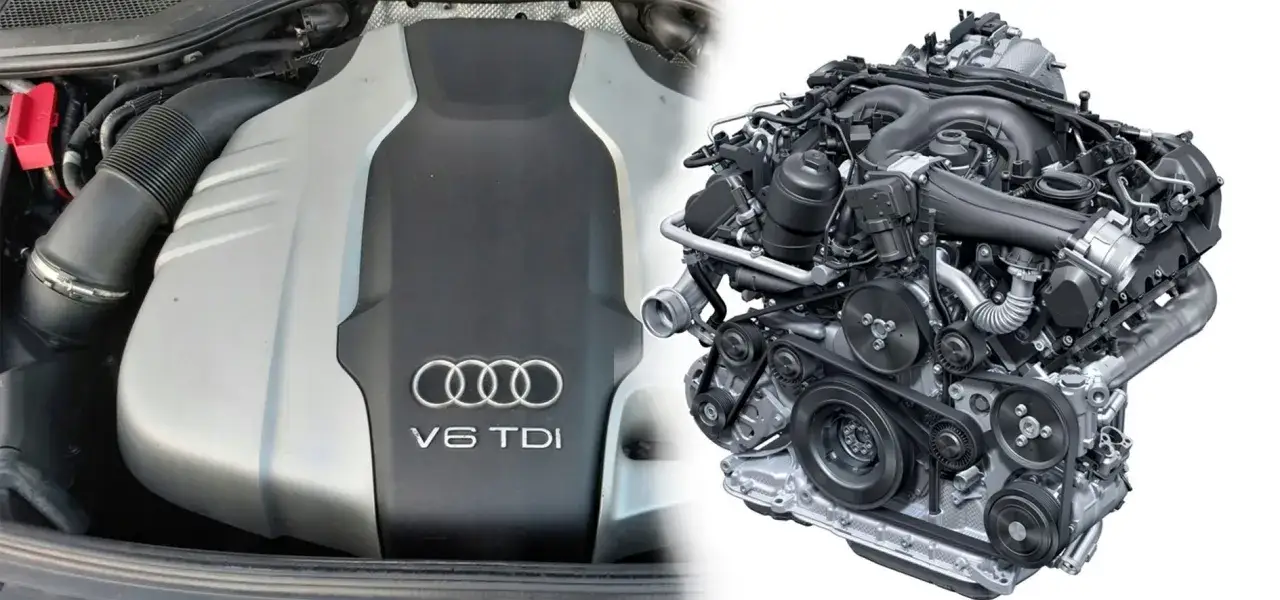 Silnik 3.0 TDI Audi, widok z góry i przekrój mechaniczny.