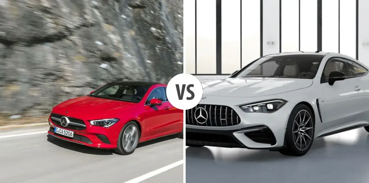 Czerwony Mercedes-AMG CLA Coupe pędzi po górskiej drodze, a biały Mercedes-AMG E Coupe stoi w studiu.