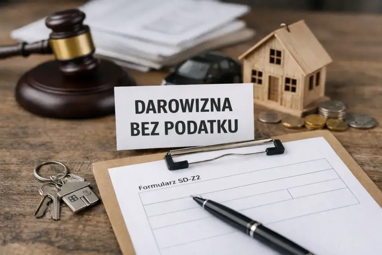 Formularz SD-Z2 do zgłoszenia darowizny do US. Obok młotek sędziowski, klucze do domu, model domu i monety.